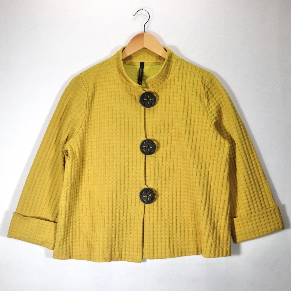 IC by Connie K Jacket Womens L Yellow Waffle Knit Mock Neck Button Up Artsy Top
